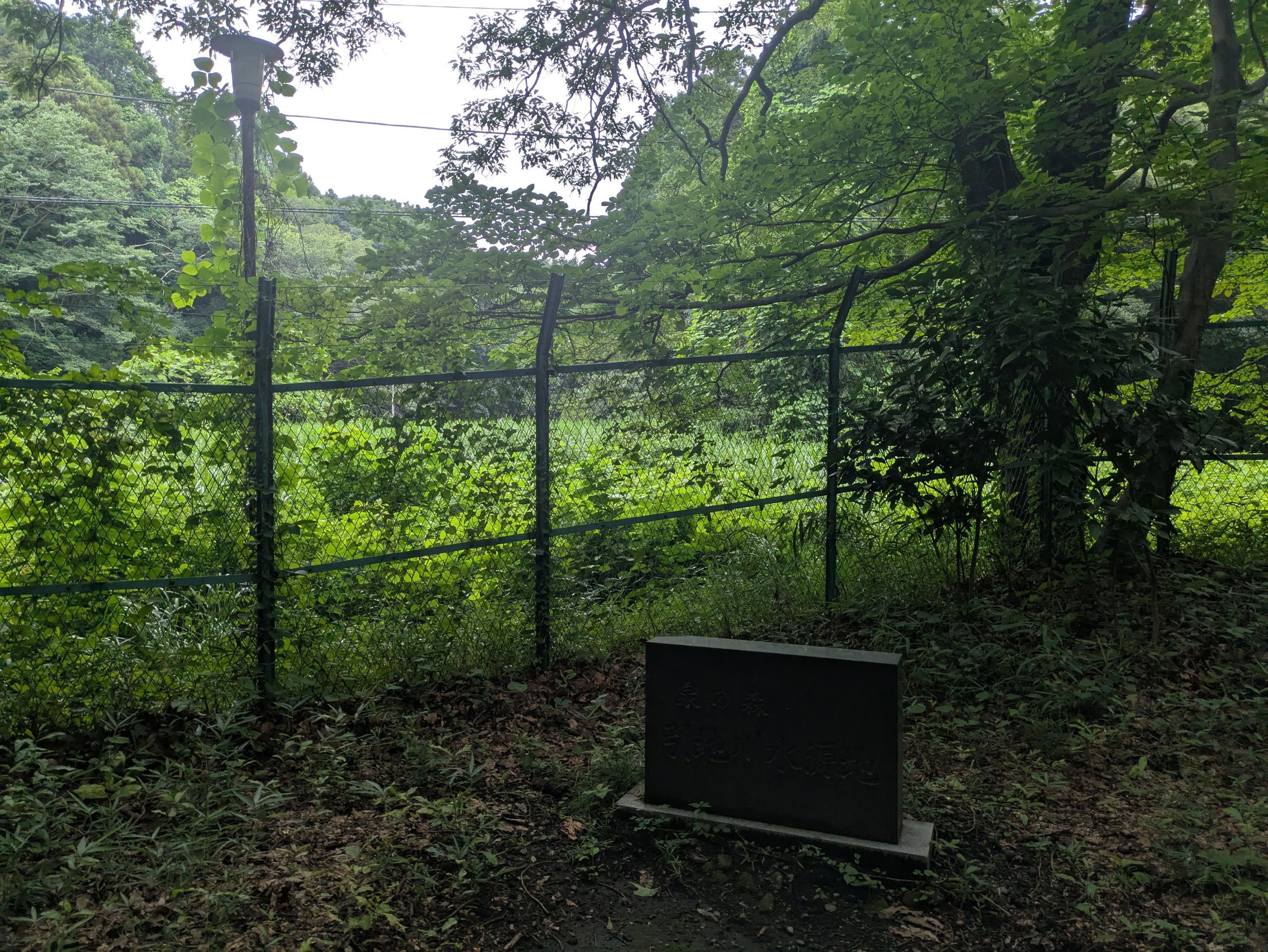 泉の森にある「引地川水源地」の石碑。背後は水源地の柵。