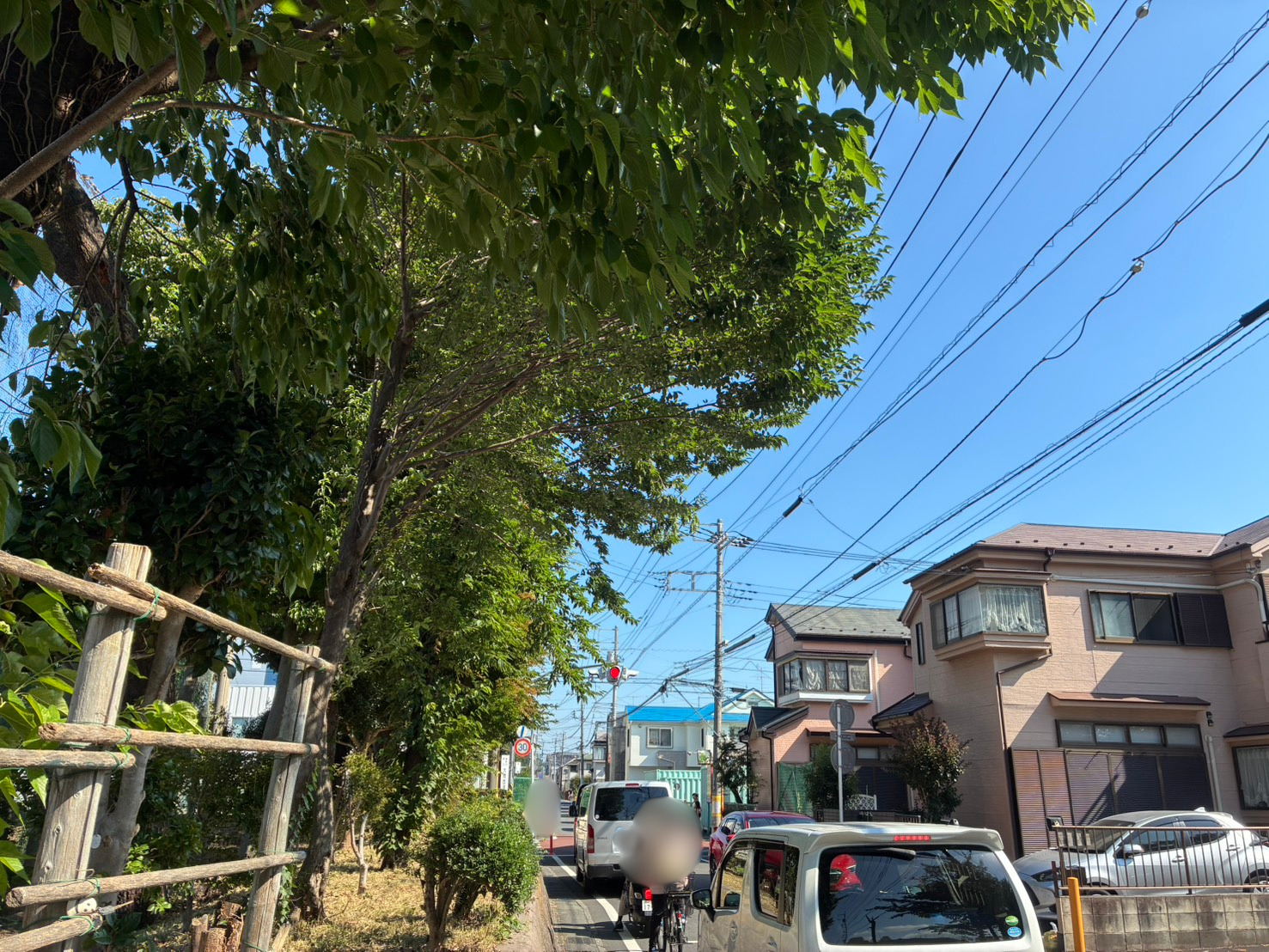 赤いランプが点滅している一灯点滅式信号。手前を自転車と歩行者が通行している